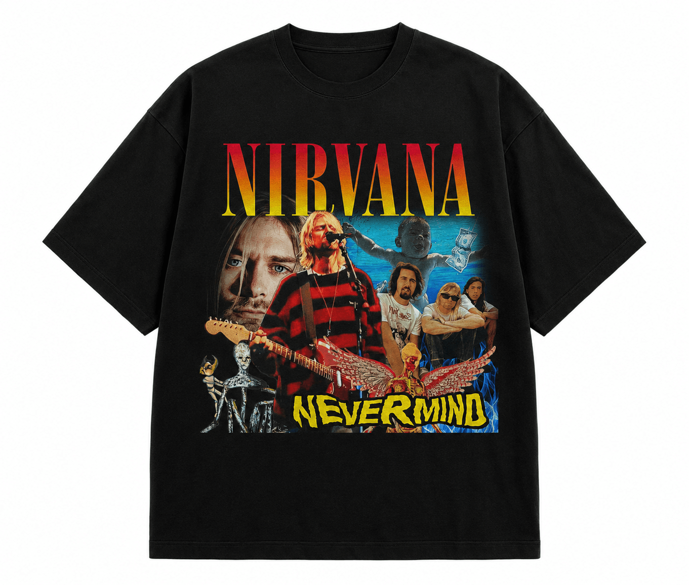Nirvana Unisex Oversized Graphic T Shirt With Sunset Gold Vintage Collage Artwork Design Front View
