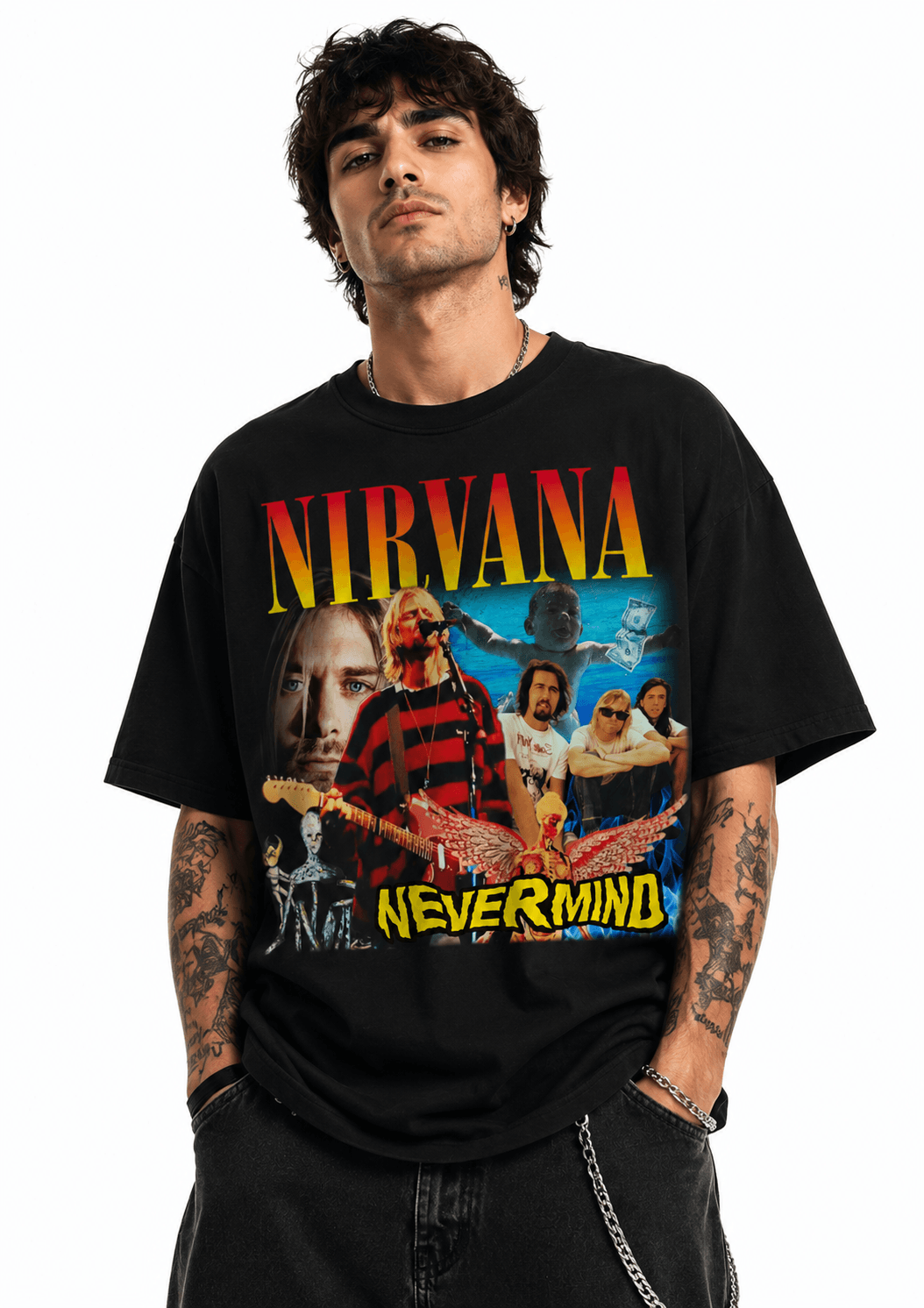 Nirvana Unisex Oversized Graphic T Shirt With Sunset Gold Vintage Collage Artwork Design Male Model