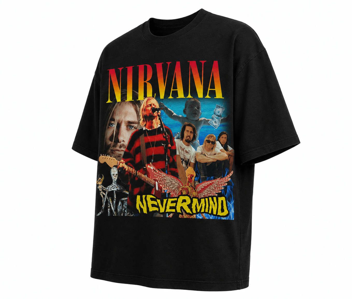 Nirvana Unisex Oversized Graphic T Shirt With Sunset Gold Vintage Collage Artwork Design Side