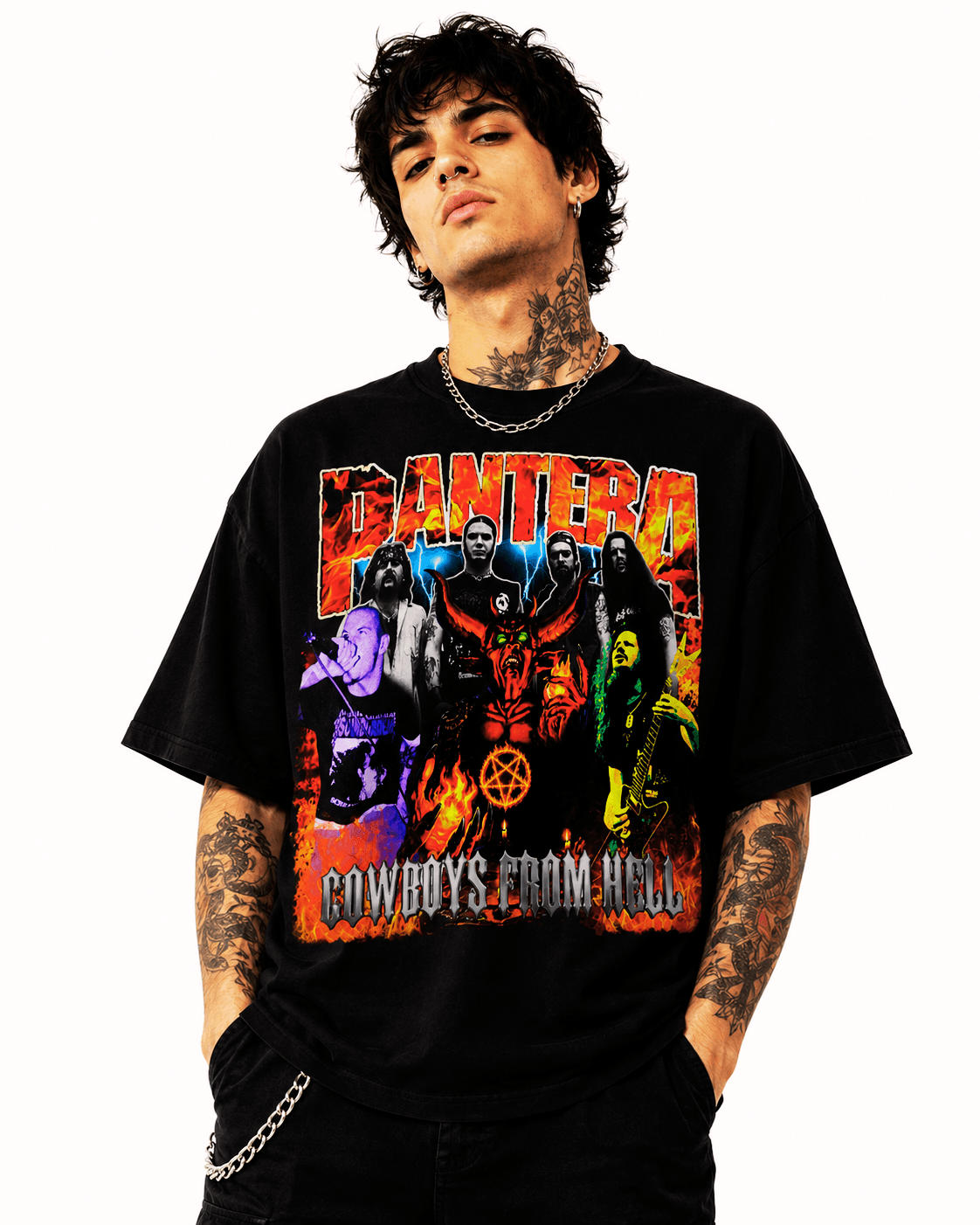 Pantera Unisez Oversized Graphic T-Shirt Infernal Red Band Collage Chaos Design Male Model
