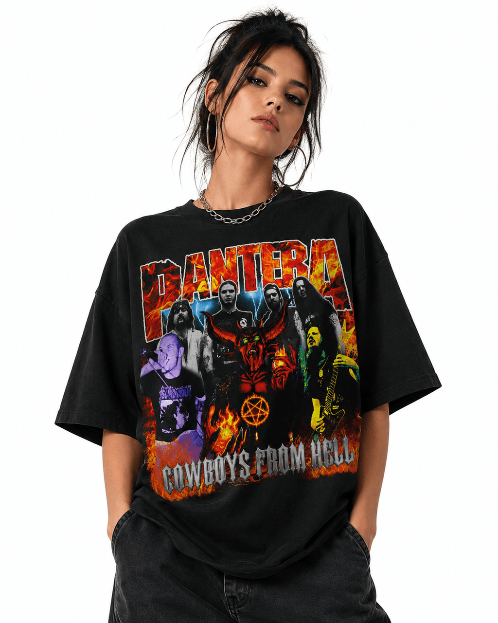 Pantera Unisez Oversized Graphic T-Shirt Infernal Red Band Collage Chaos Design Female Model