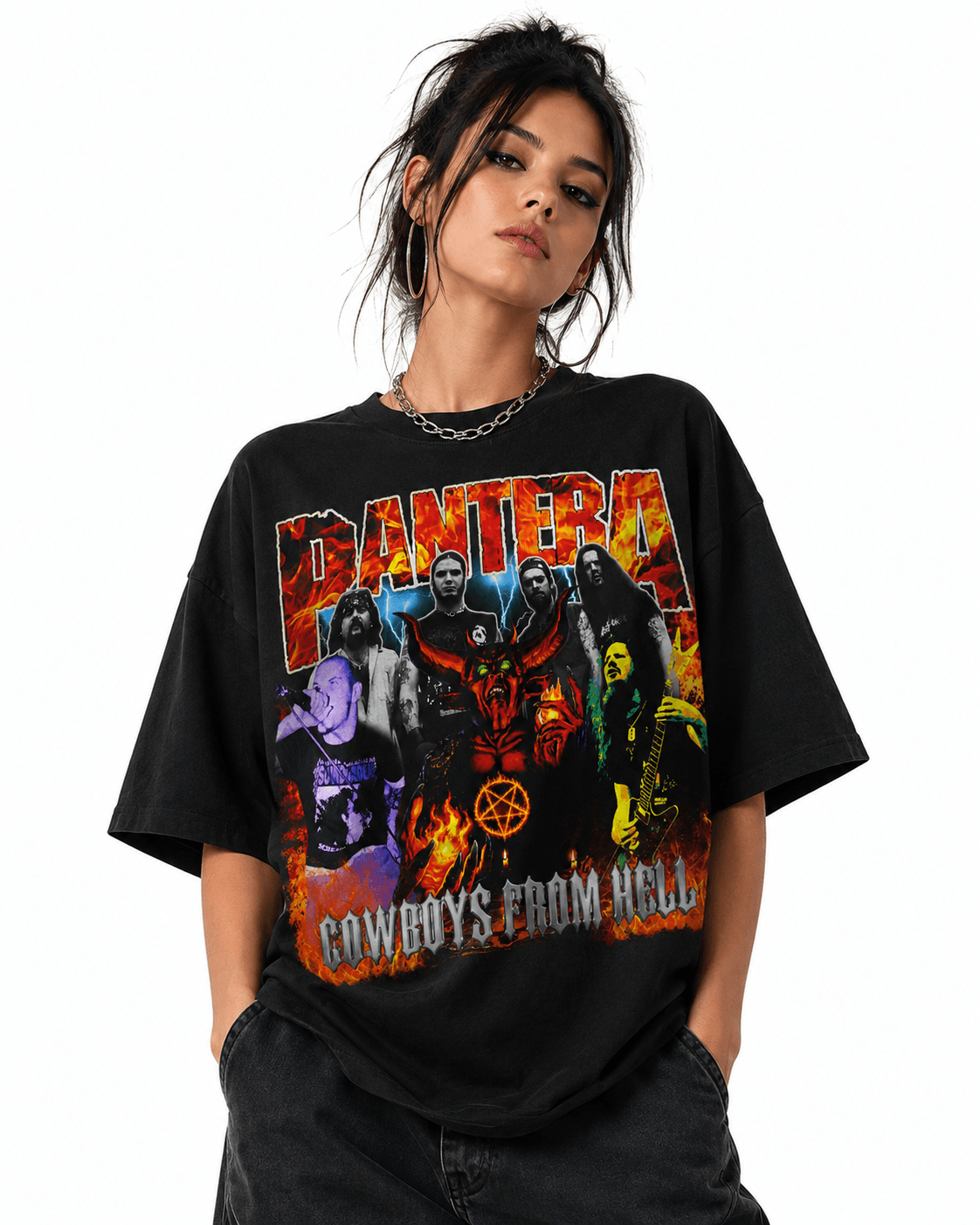 Pantera Unisez Oversized Graphic T-Shirt Infernal Red Band Collage Chaos Design Female Model