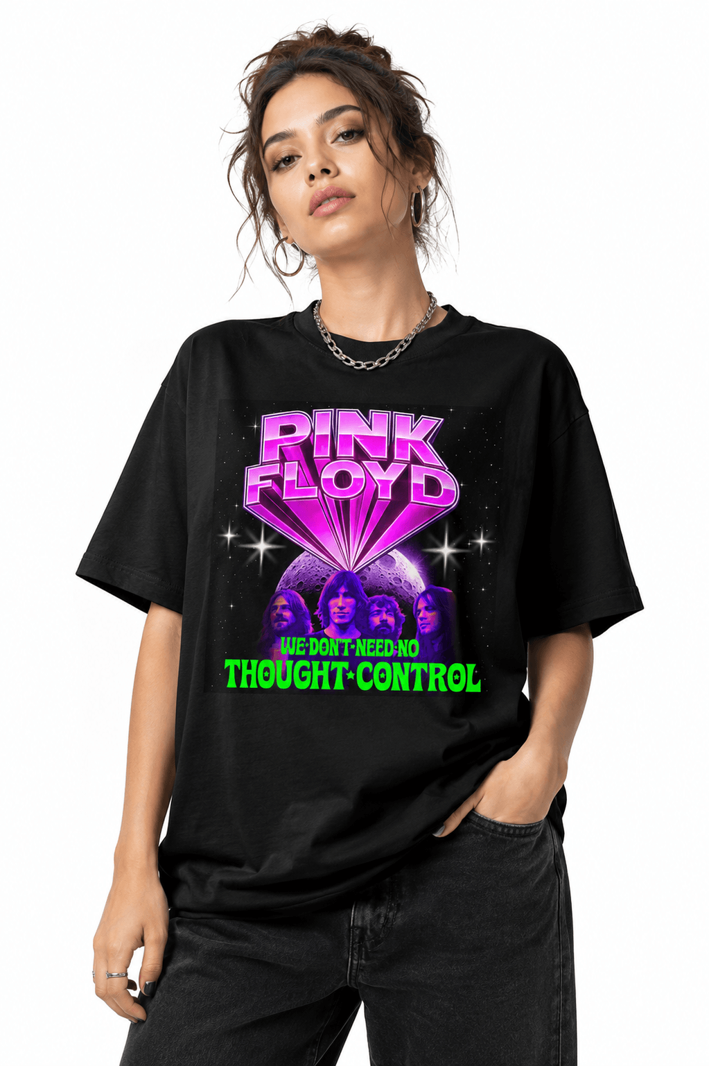Pink Flloyd Unisex Oversized Graphic T-Shirt No Thought Control Neon Magenta Design Female Model