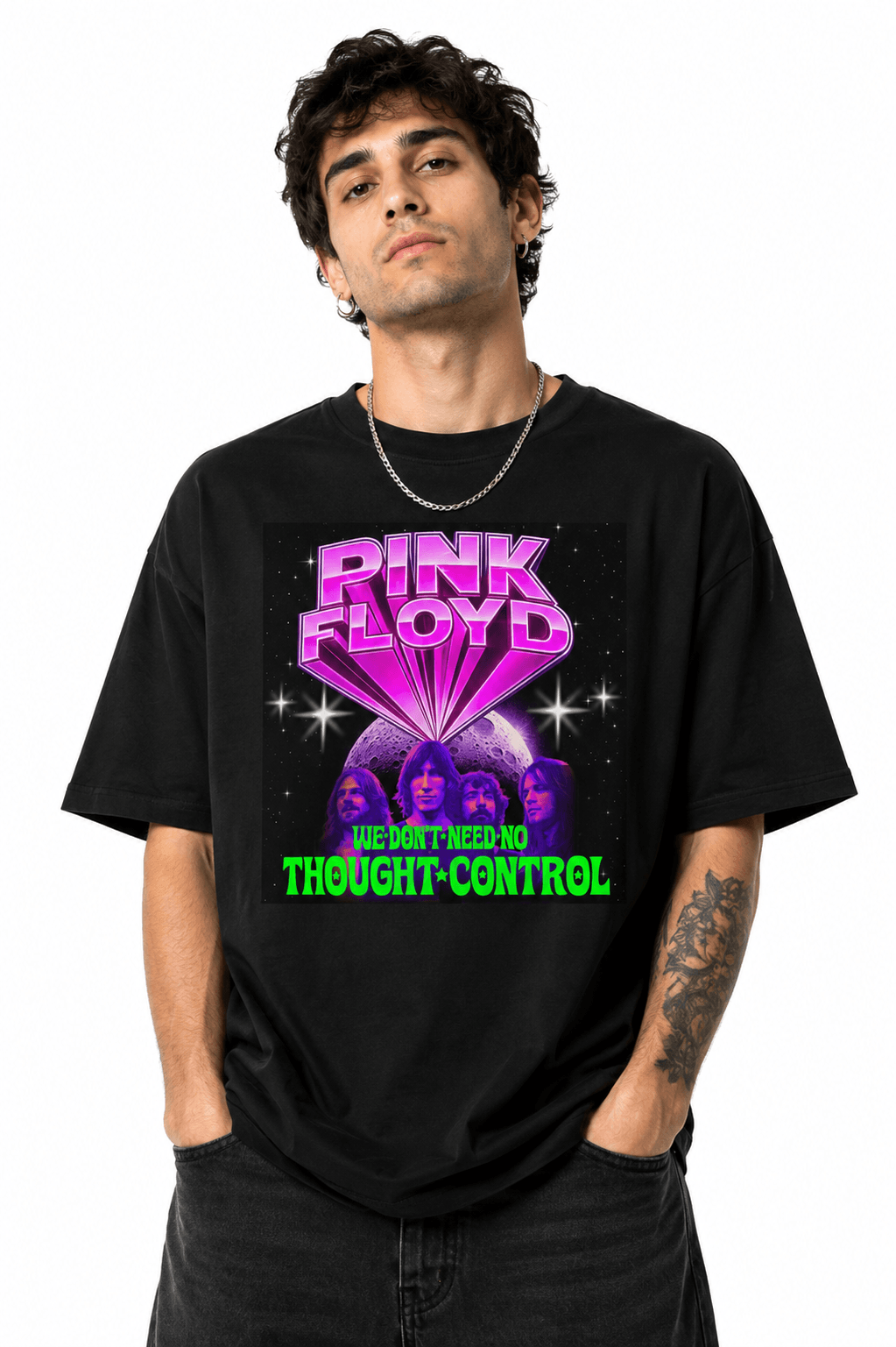 Pink Flloyd Unisex Oversized Graphic T-Shirt No Thought Control Neon Magenta Design Male Model