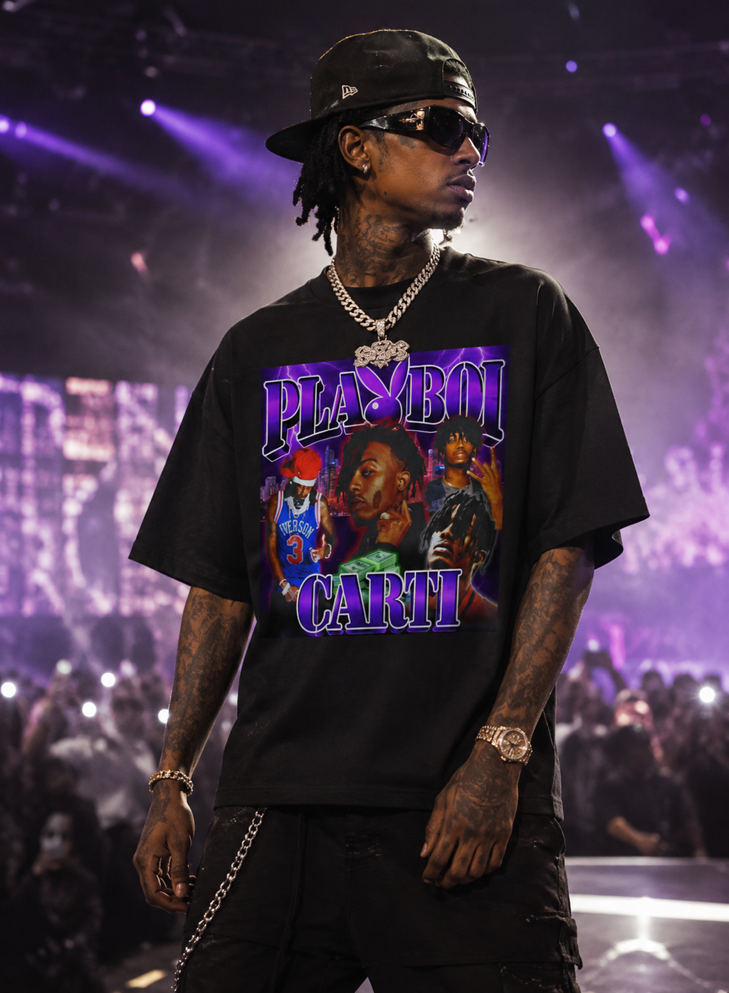 Playboi Carti Unisex Oversized Graphic T-Shirt With Toxic Purple Playboy Bunny Chaos Design