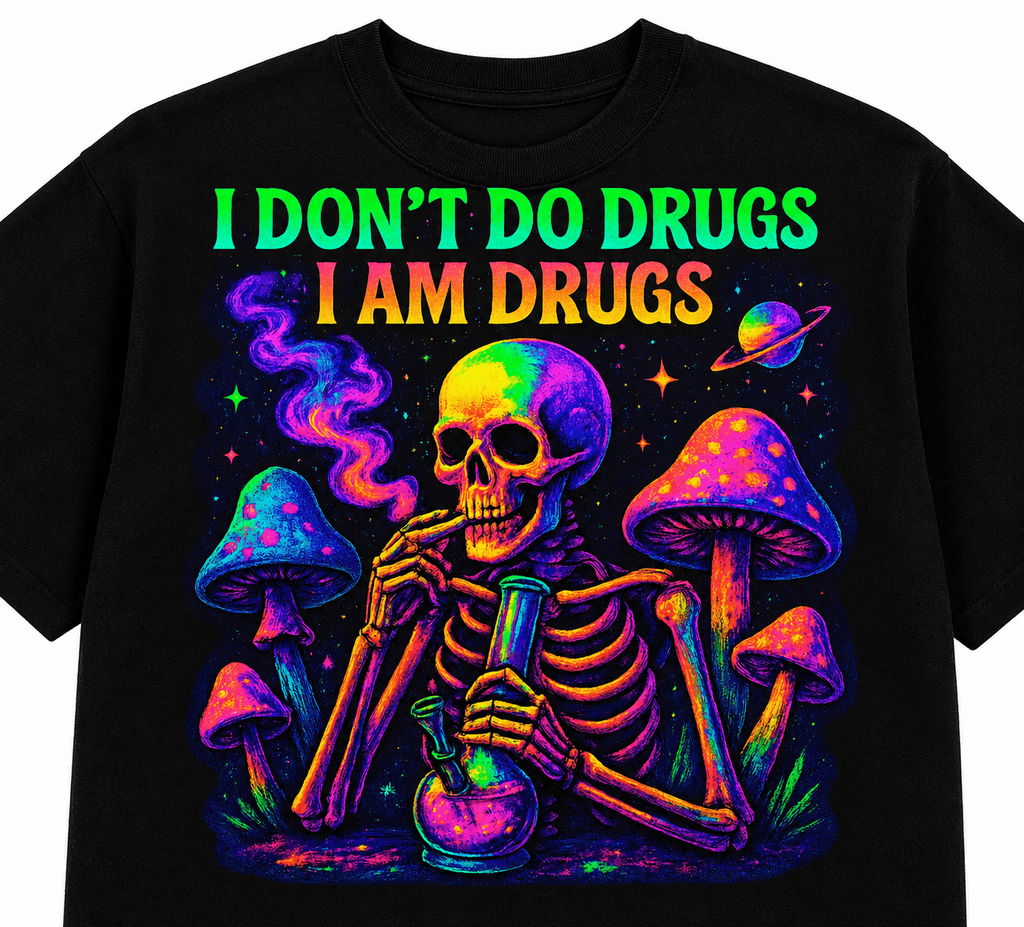 Psytrance I Don't Do Drugs I Am Drugs Unisex Oversized Graphic T-Shirt With Neon Purple Psychedelic Skeleton Design Close Up