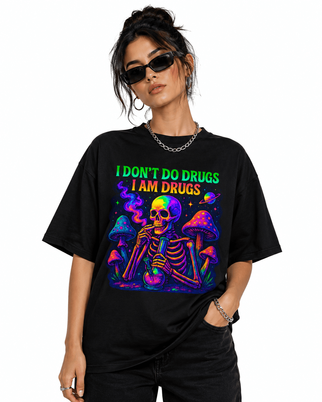 Psytrance I Don't Do Drugs I Am Drugs Unisex Oversized Graphic T-Shirt With Neon Purple Psychedelic Skeleton Design Female Model