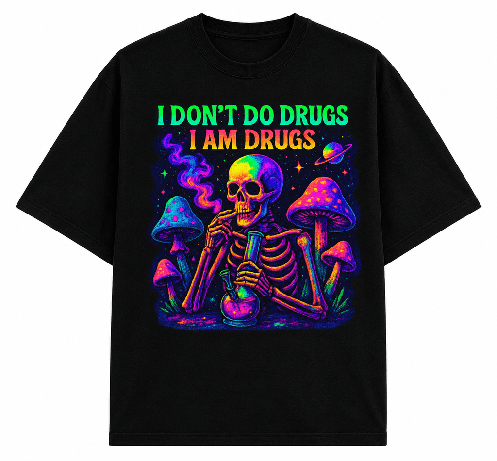 Psytrance I Don't Do Drugs I Am Drugs Unisex Oversized Graphic T-Shirt With Neon Purple Psychedelic Skeleton Design Front 