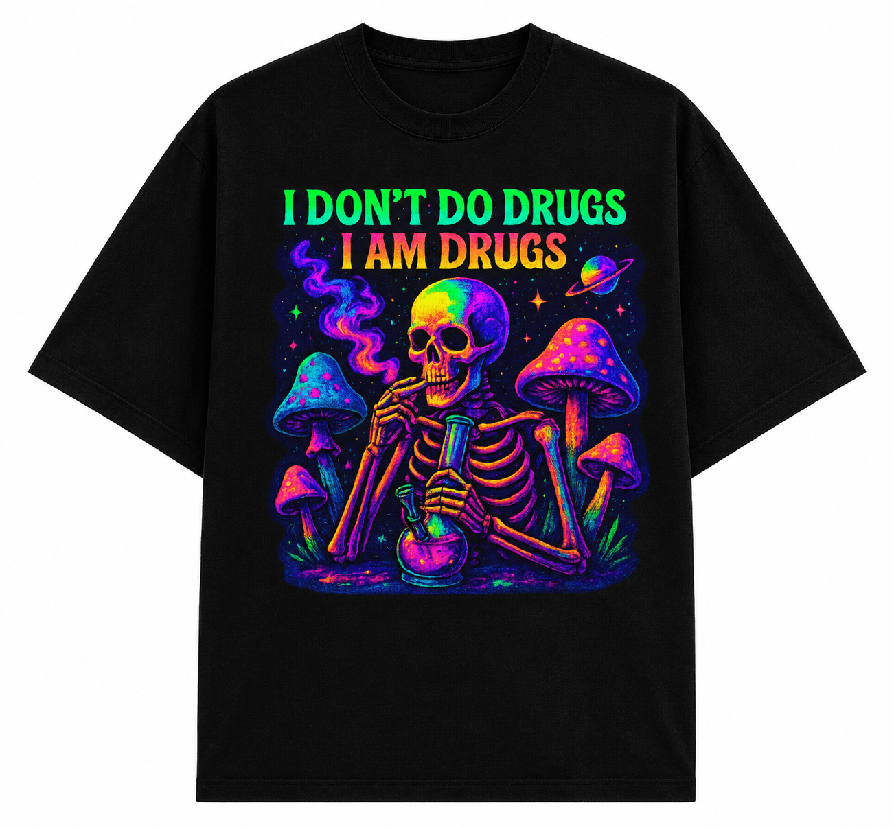 Psytrance I Don't Do Drugs I Am Drugs Unisex Oversized Graphic T-Shirt With Neon Purple Psychedelic Skeleton Design Front 