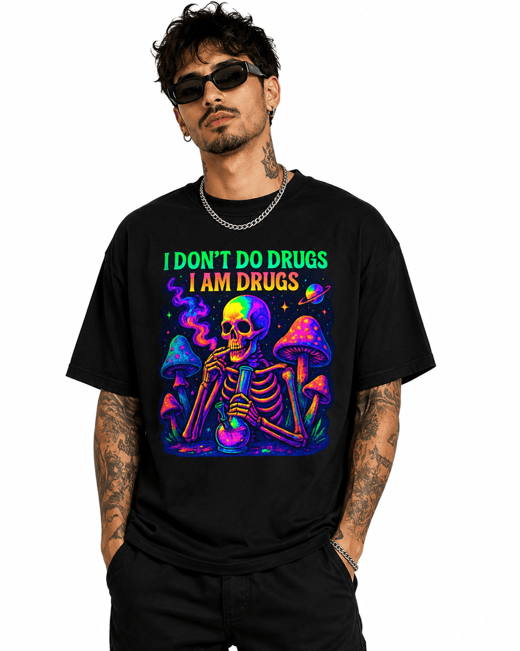 Psytrance I Don't Do Drugs I Am Drugs Unisex Oversized Graphic T-Shirt With Neon Purple Psychedelic Skeleton Design Male Model
