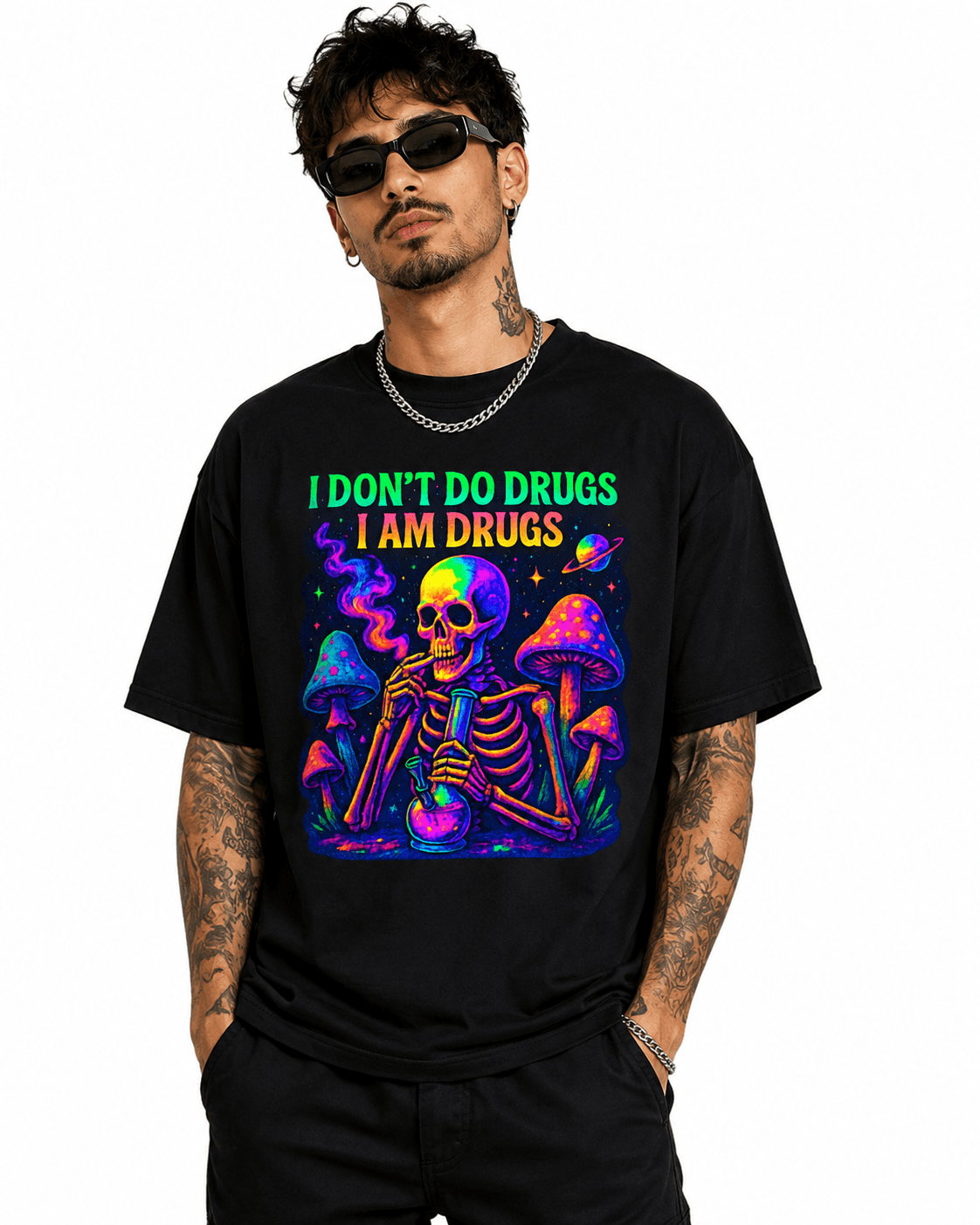 Psytrance I Don't Do Drugs I Am Drugs Unisex Oversized Graphic T-Shirt With Neon Purple Psychedelic Skeleton Design Male Model