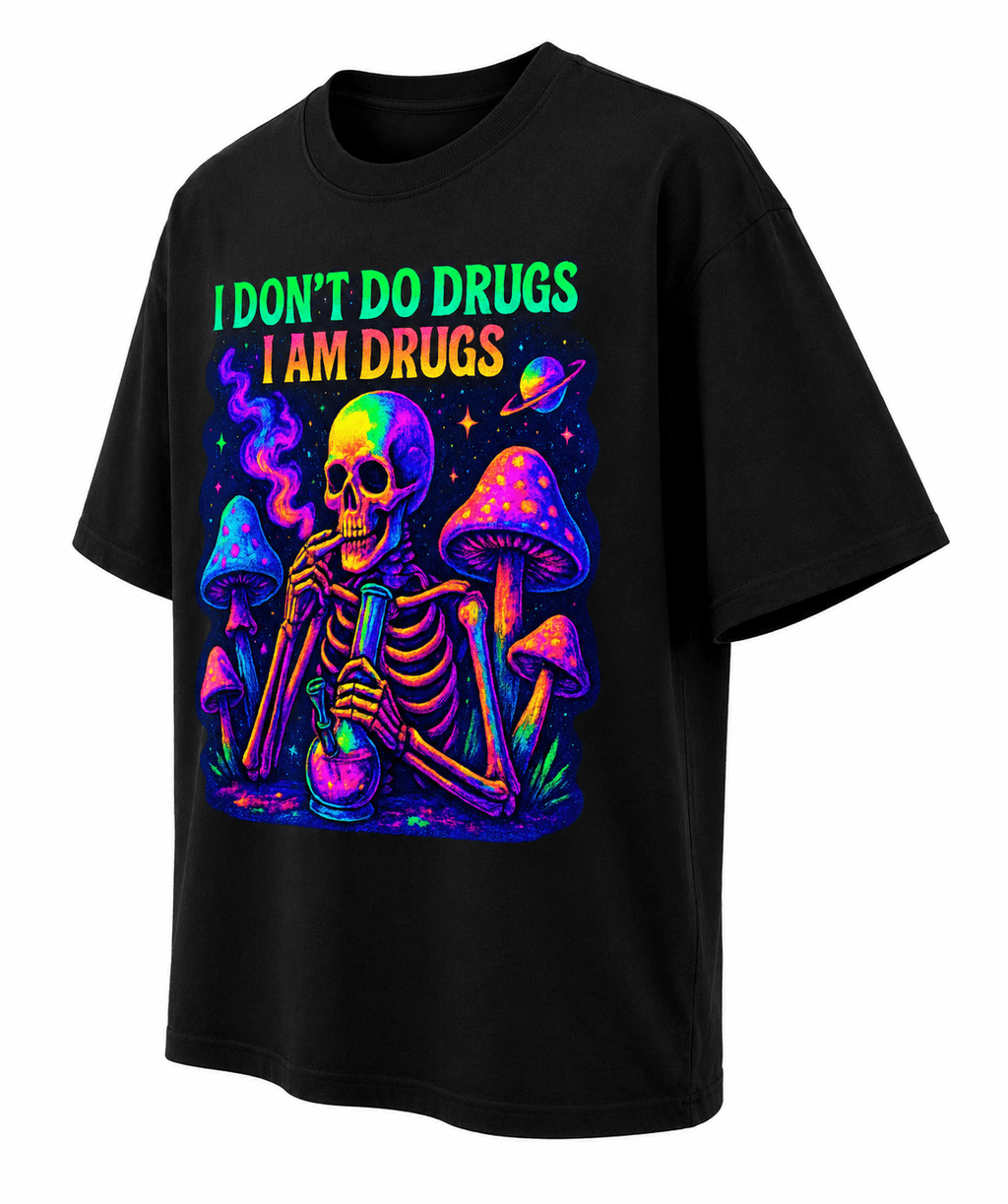 Psytrance I Don't Do Drugs I Am Drugs Unisex Oversized Graphic T-Shirt With Neon Purple Psychedelic Skeleton Design Side