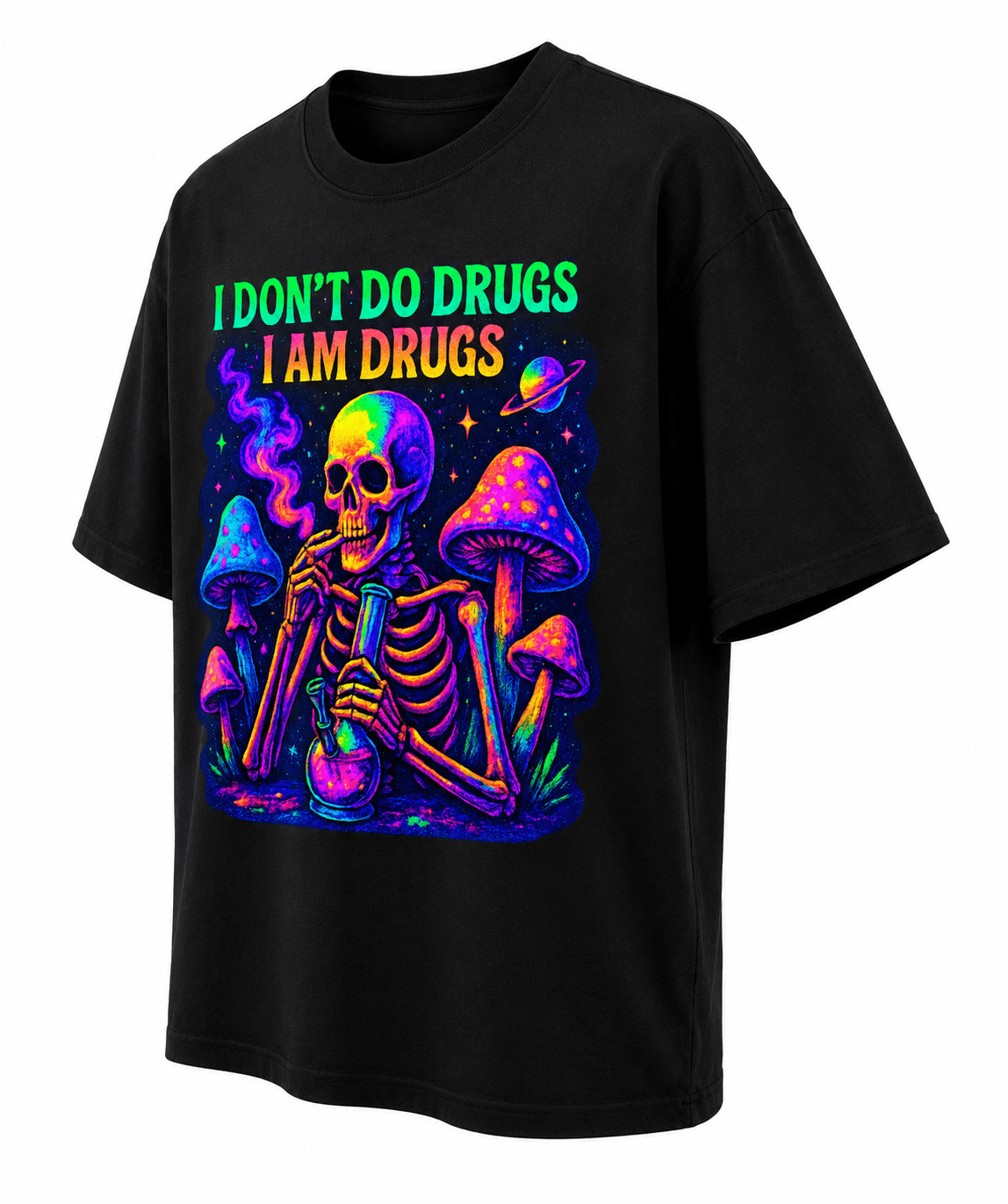 Psytrance I Don't Do Drugs I Am Drugs Unisex Oversized Graphic T-Shirt With Neon Purple Psychedelic Skeleton Design Side