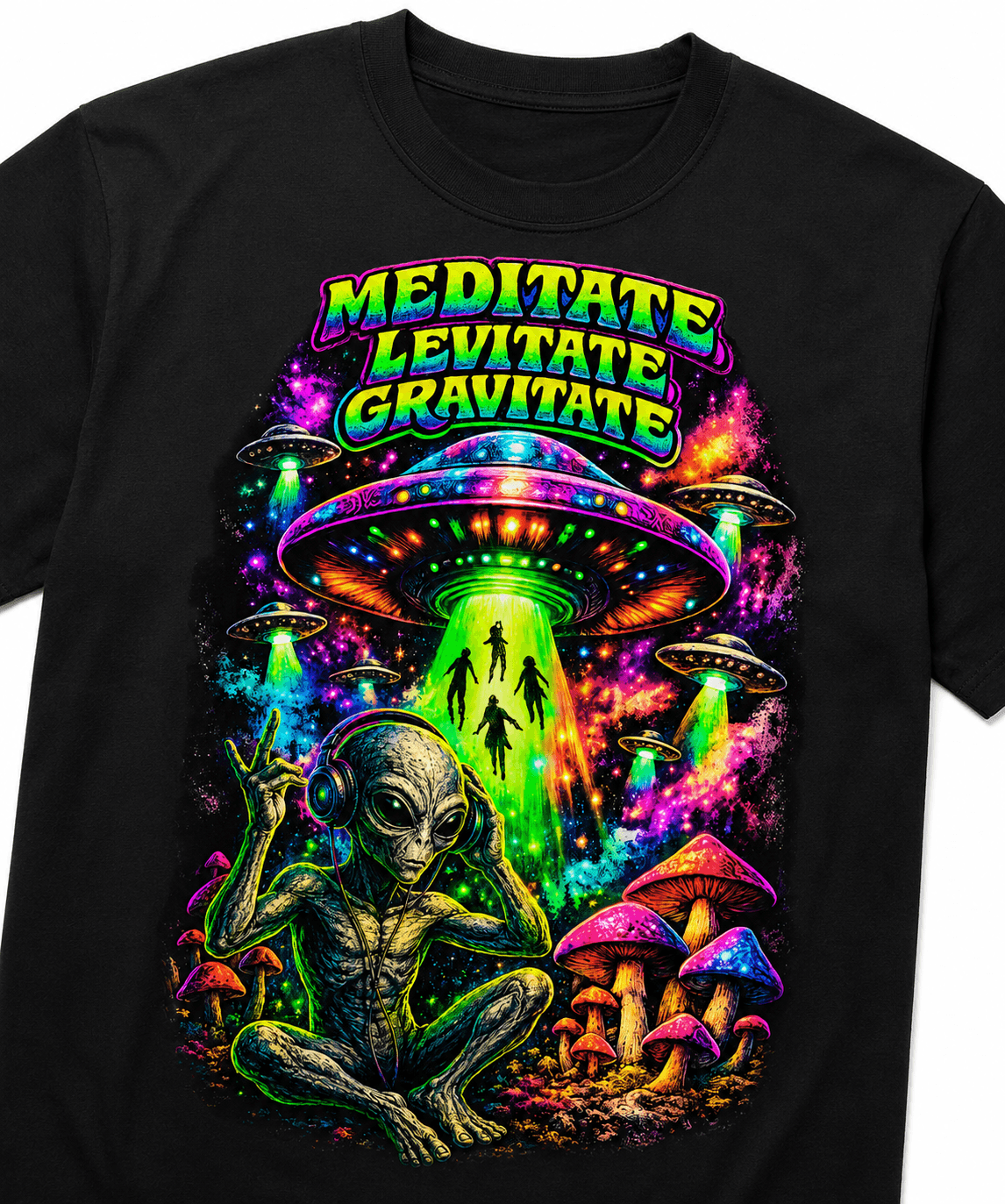 Psytrance Meditate Levitate Gravitate Unisex Oversized Graphic T-Shirt With Neon Green Alien Shit Design Close Up