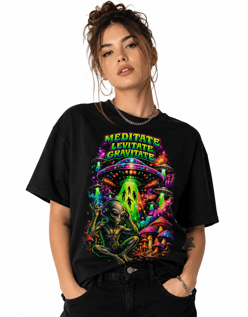 Psytrance Meditate Levitate Gravitate Unisex Oversized Graphic T-Shirt With Neon Green Alien Shit Design Female Model