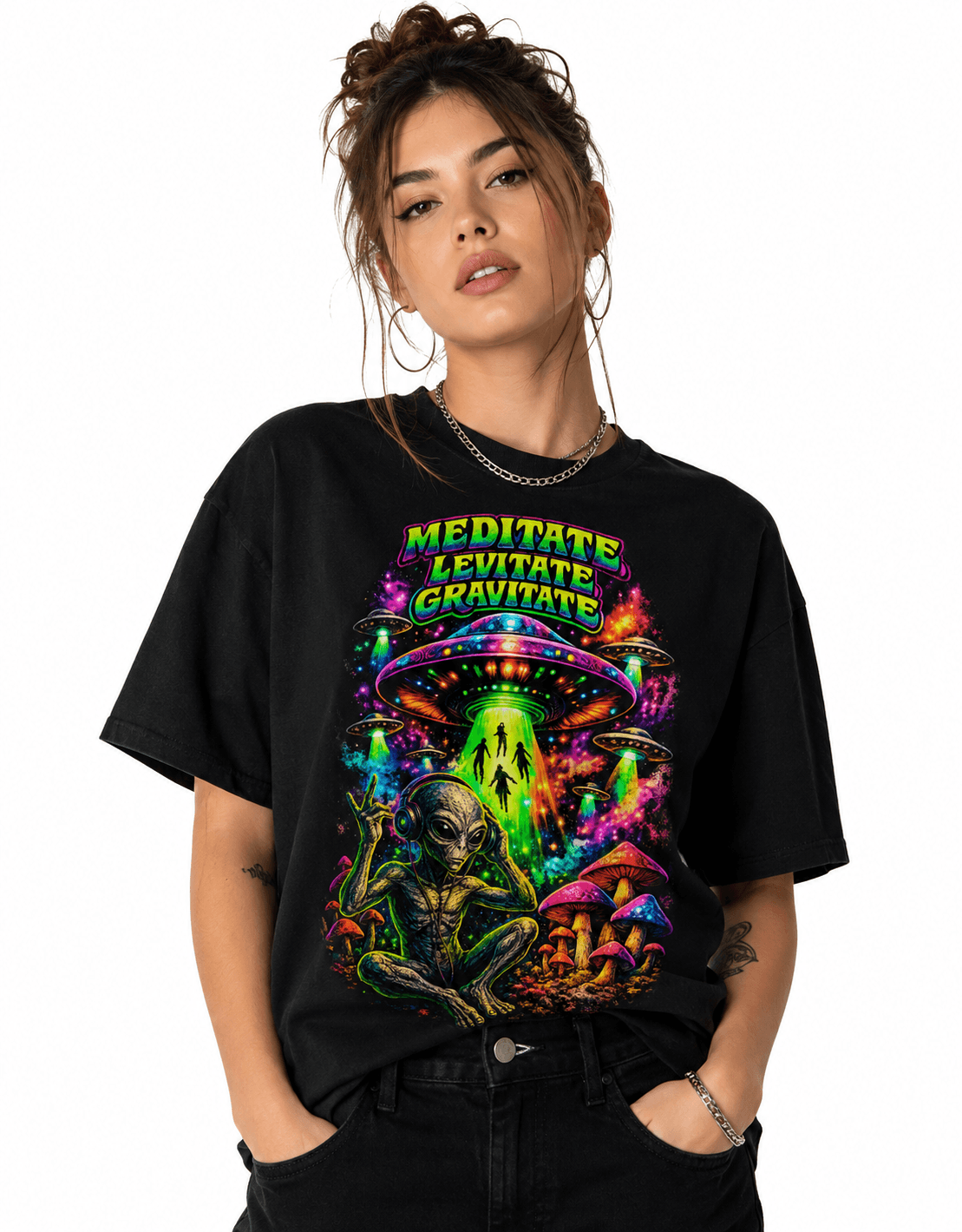 Psytrance Meditate Levitate Gravitate Unisex Oversized Graphic T-Shirt With Neon Green Alien Shit Design Female Model
