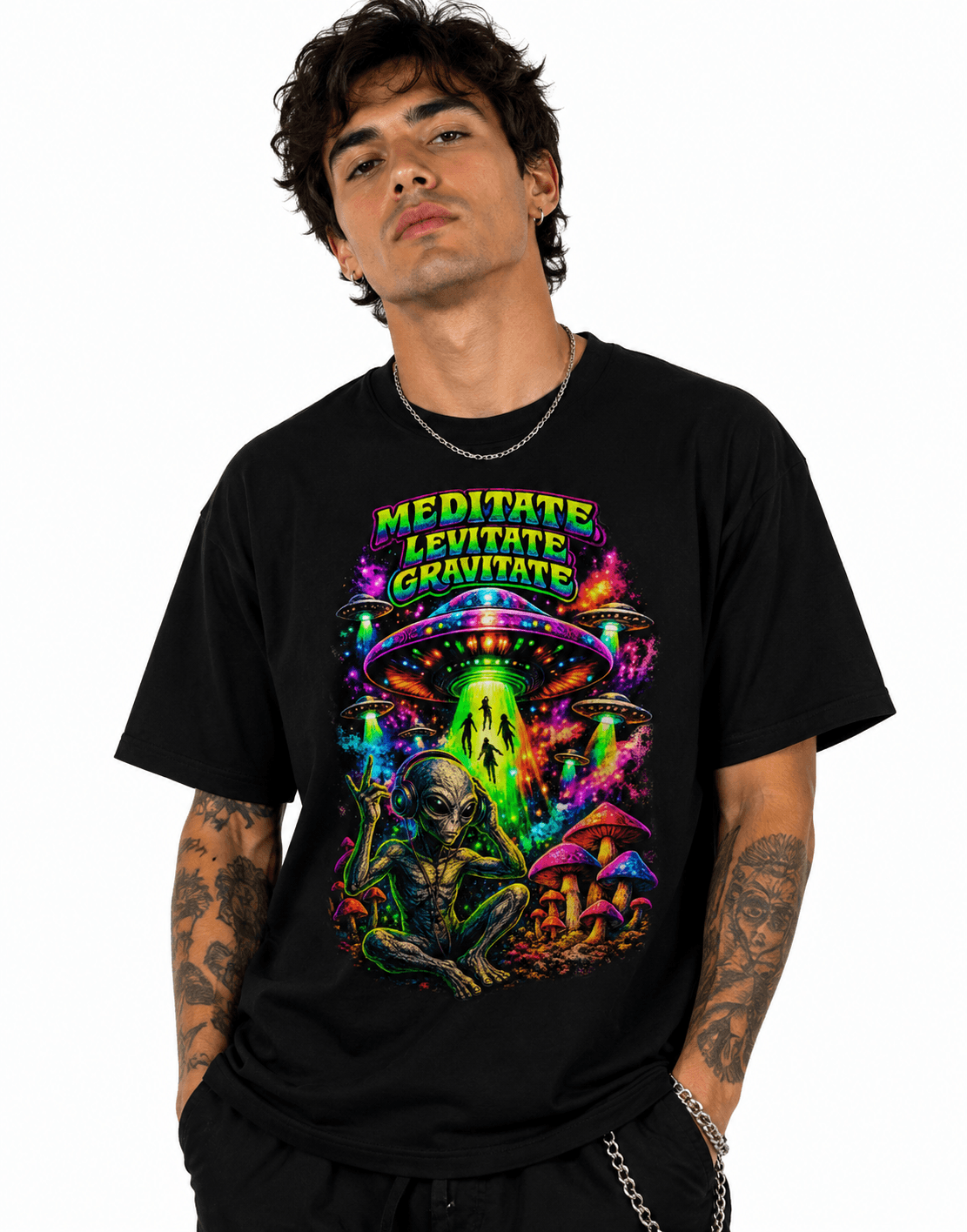 Psytrance Meditate Levitate Gravitate Unisex Oversized Graphic T-Shirt With Neon Green Alien Shit Design Male Model