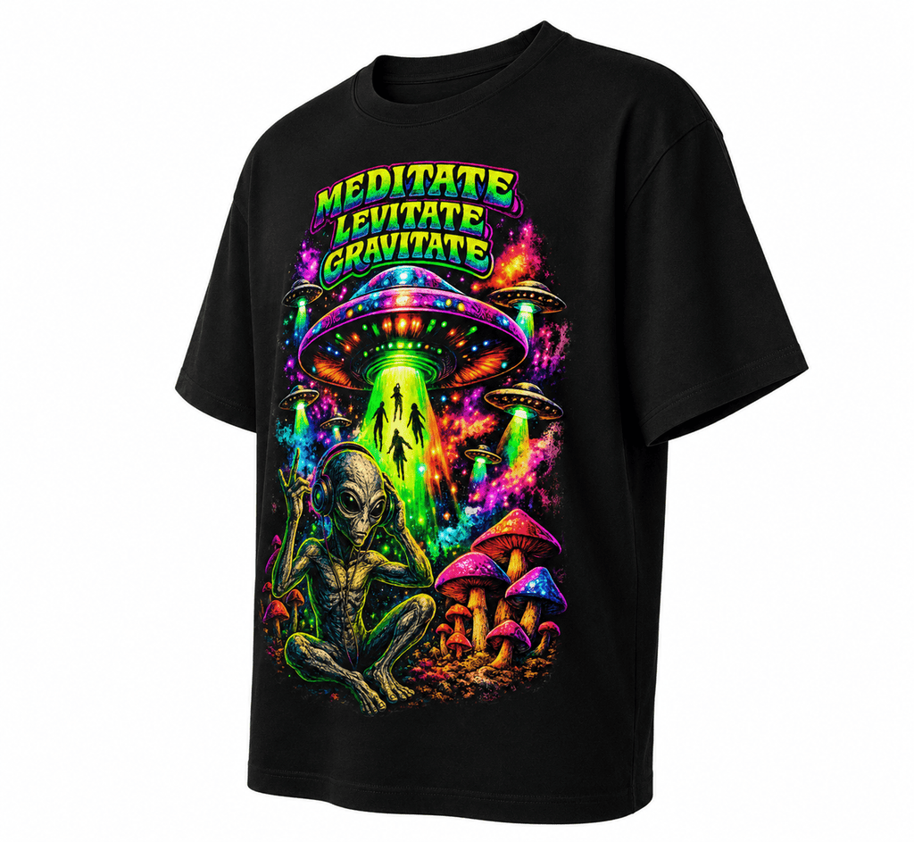 Psytrance Meditate Levitate Gravitate Unisex Oversized Graphic T-Shirt With Neon Green Alien Shit Design Side