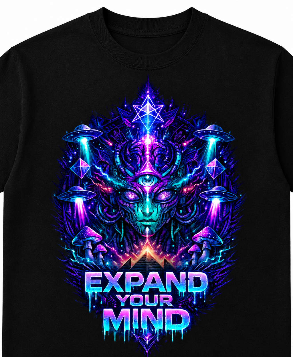 Psytrance Expand Your Mind Unisex Oversized Graphic T-Shirt With Cosmic Purple Psychedelic Alien Design Close Up