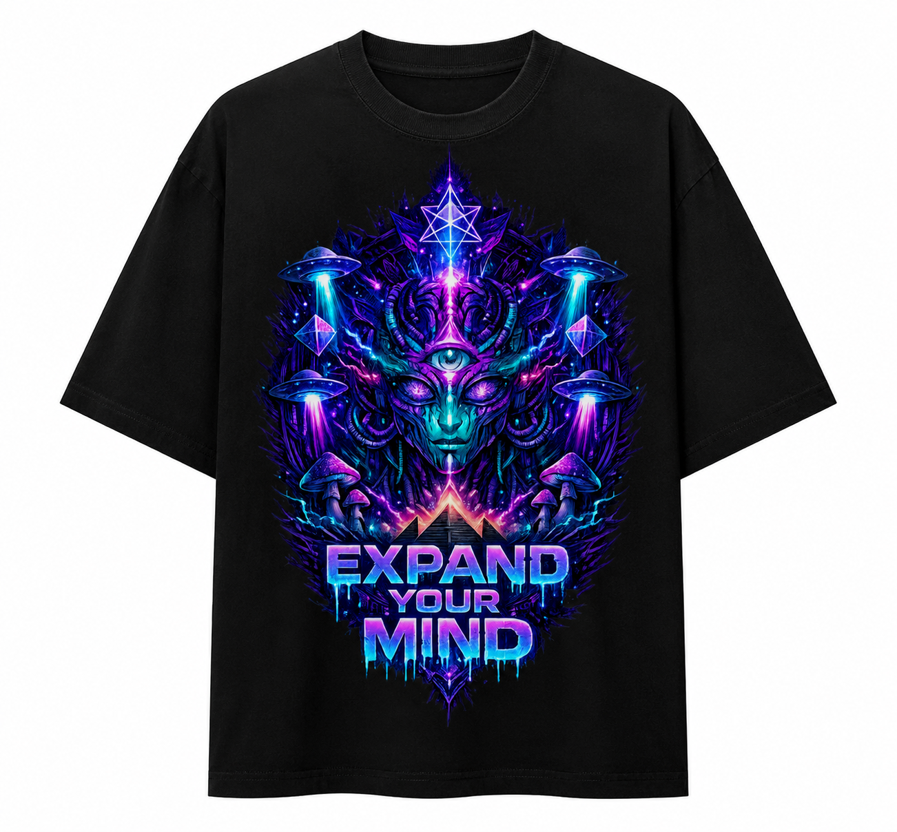 Psytrance Expand Your Mind Unisex Oversized Graphic T-Shirt With Cosmic Purple Psychedelic Alien Design Front
