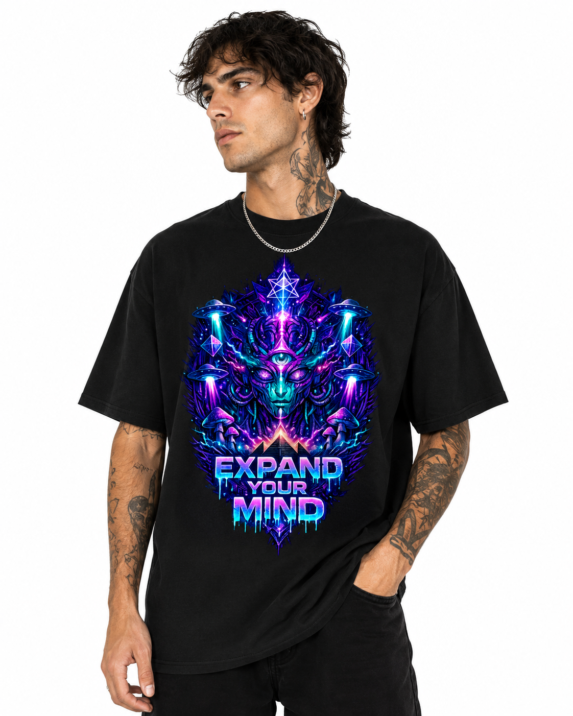 Psytrance Expand Your Mind Unisex Oversized Graphic T-Shirt With Cosmic Purple Psychedelic Alien Design Male Model