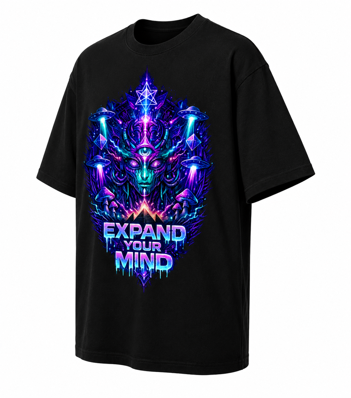 Psytrance Expand Your Mind Unisex Oversized Graphic T-Shirt With Cosmic Purple Psychedelic Alien Design Side