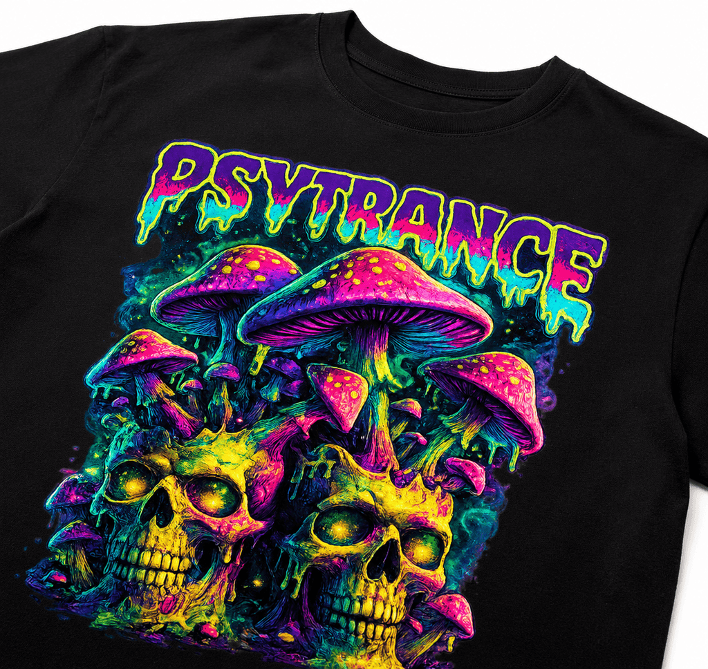 Psytrance Unisex Graphic Oversized T-Shirt With Neon Drip Psychedelic Skull Design Close Up