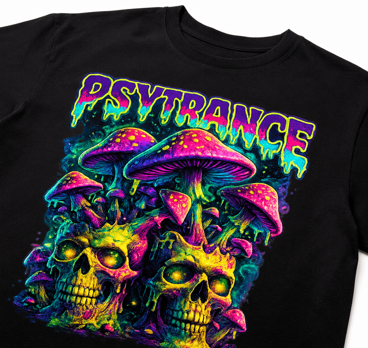 Psytrance Unisex Graphic Oversized T-Shirt With Neon Drip Psychedelic Skull Design Close Up