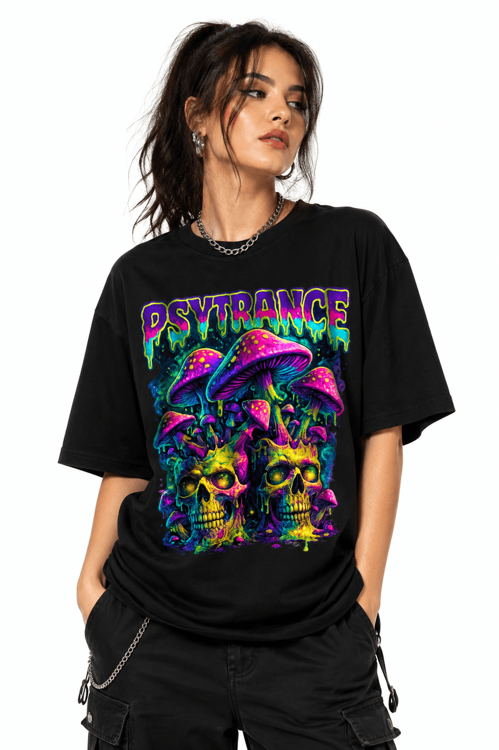 Psytrance Unisex Graphic Oversized T-Shirt With Neon Drip Psychedelic Skull Design Female Model