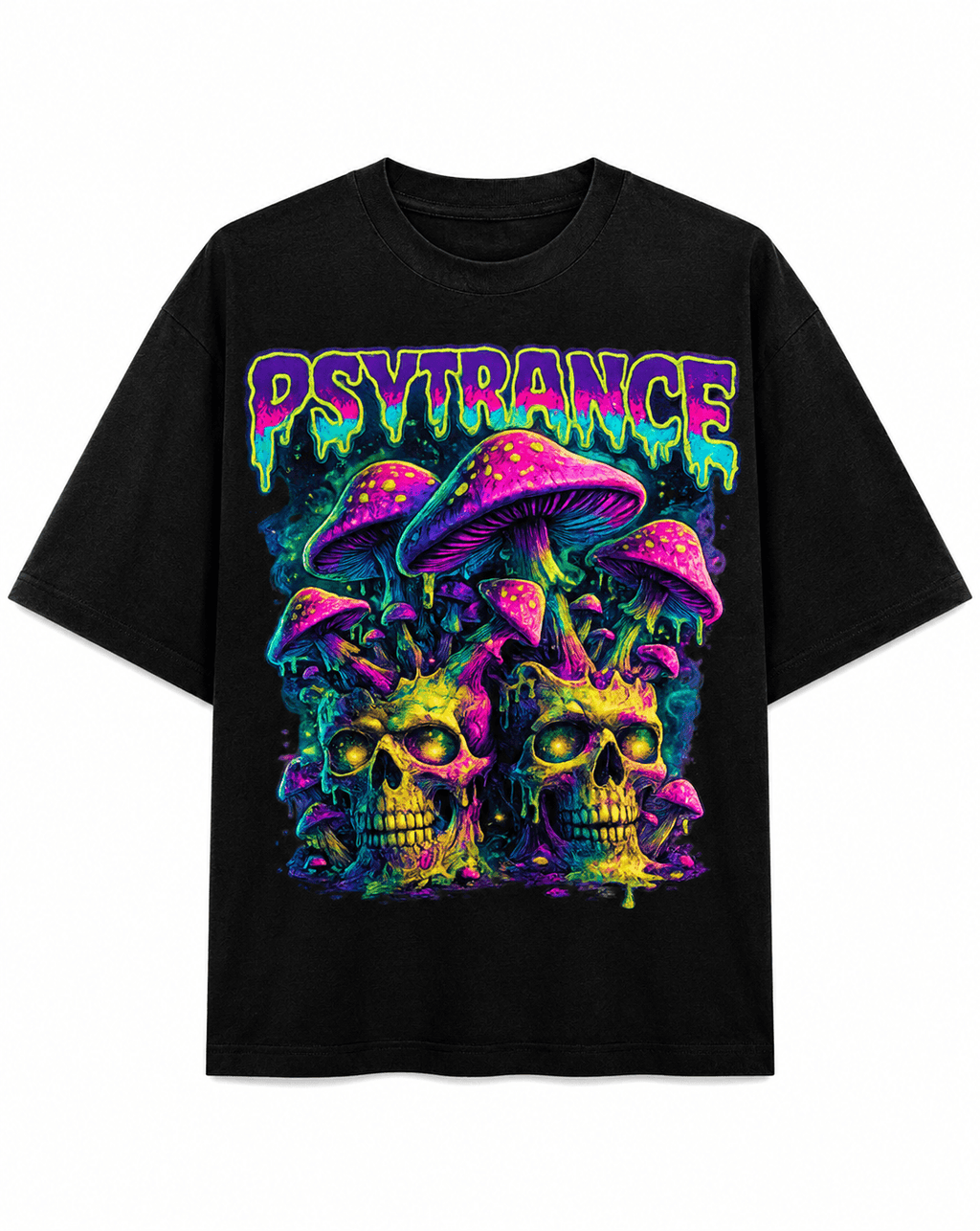 Psytrance Unisex Graphic Oversized T-Shirt With Neon Drip Psychedelic Skull Design Front