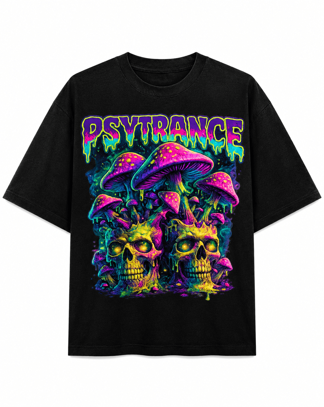 Psytrance Unisex Graphic Oversized T-Shirt With Neon Drip Psychedelic Skull Design Front