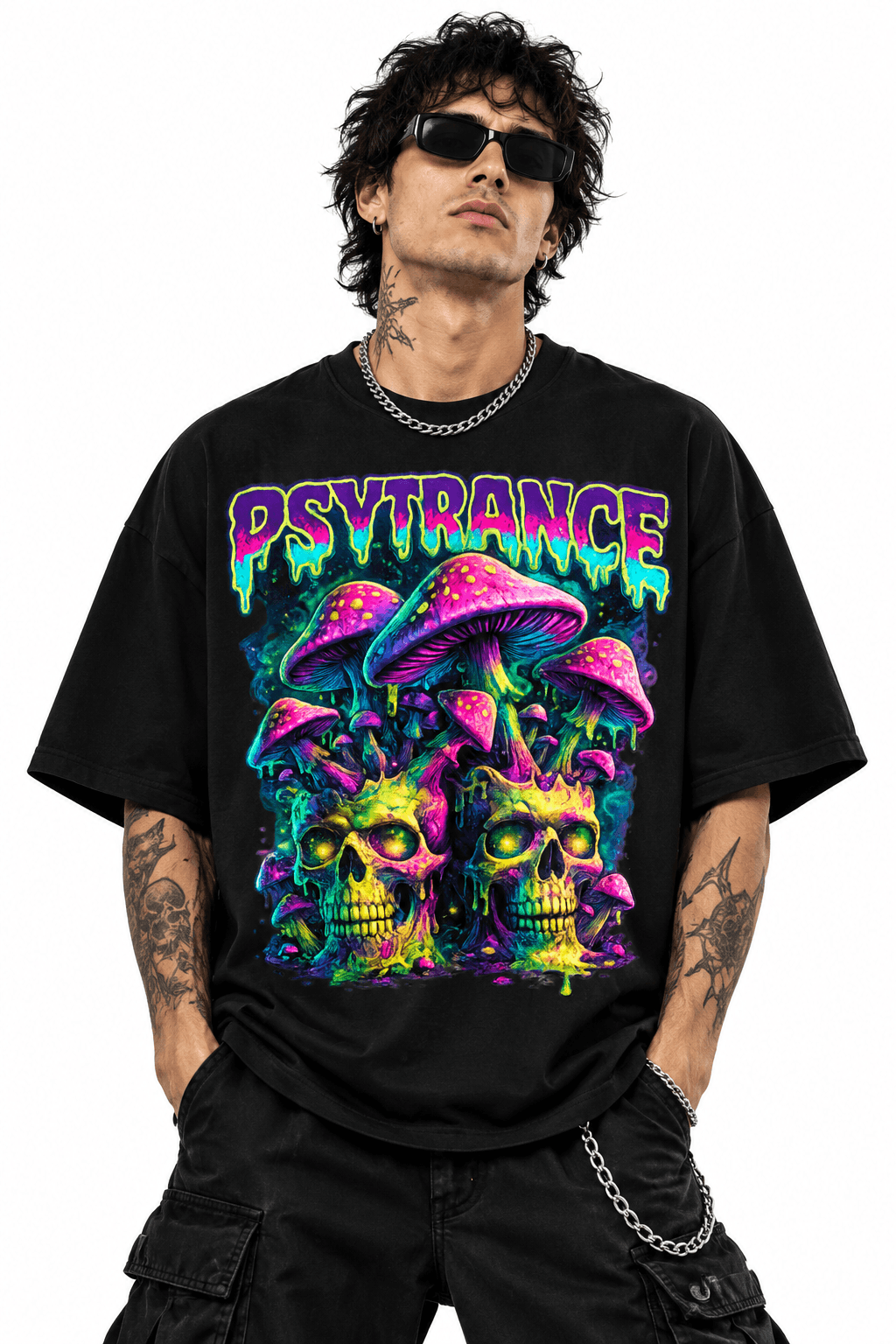Psytrance Unisex Graphic Oversized T-Shirt With Neon Drip Psychedelic Skull Design Male Model