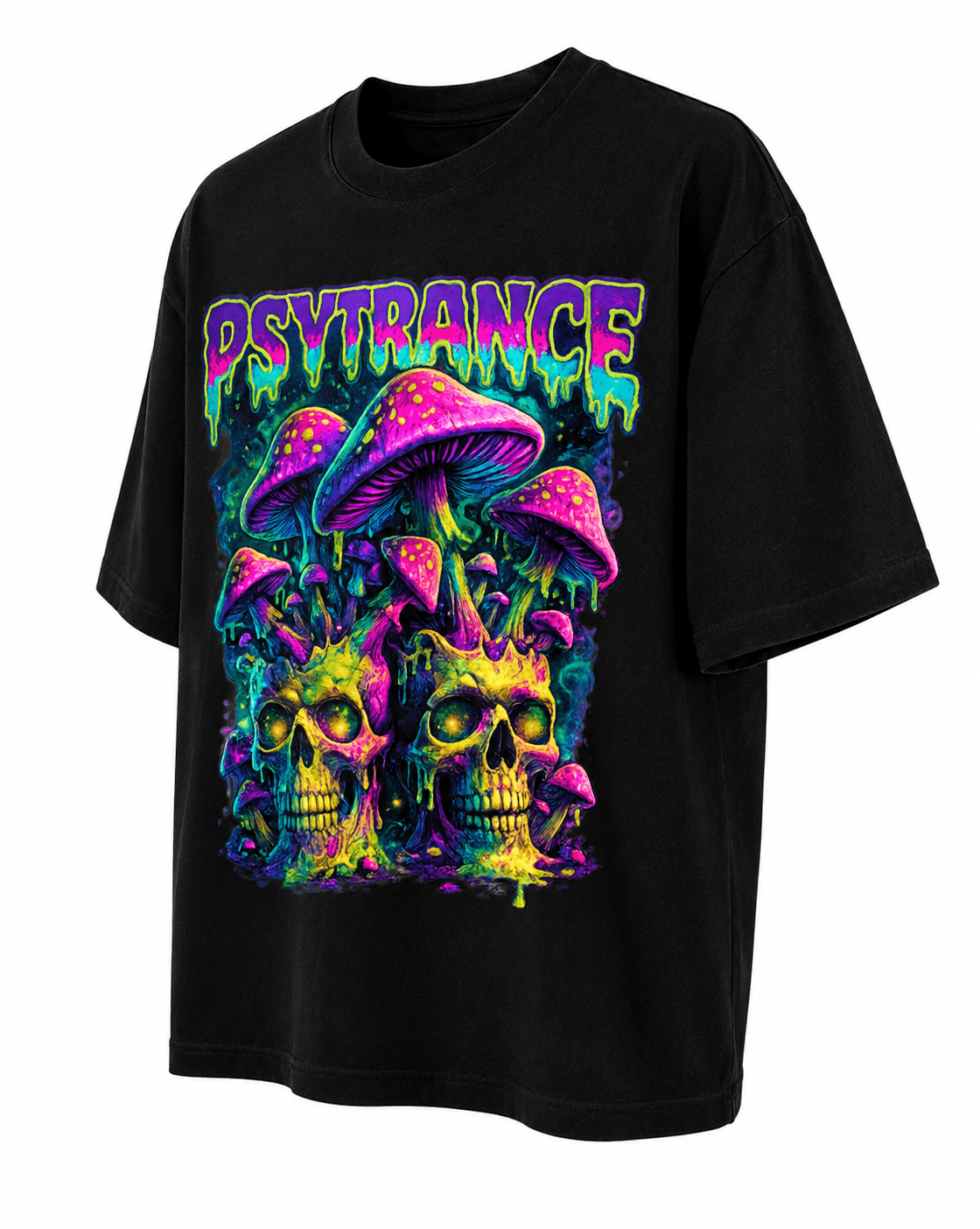 Psytrance Unisex Graphic Oversized T-Shirt With Neon Drip Psychedelic Skull Design Side
