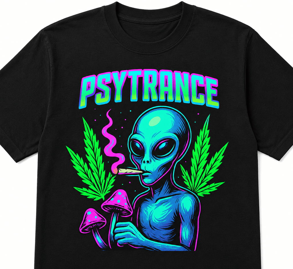Psytrance Unisex Oversized Graphic T-Shirt With Magic Mushroom Green Blue Extraerrestrial Shaman Design Close Up