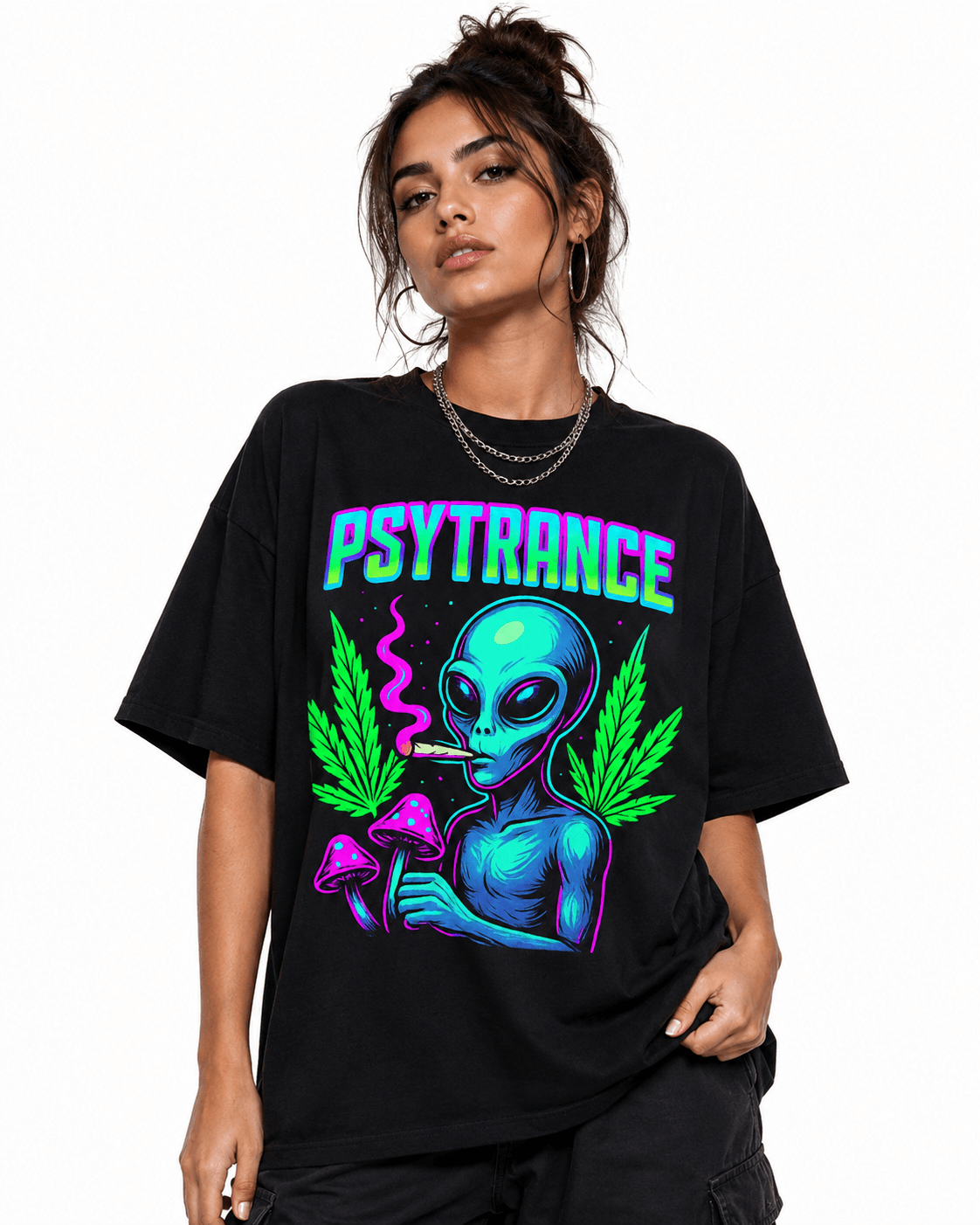 Psytrance Unisex Oversized Graphic T-Shirt With Magic Mushroom Green Blue Extraerrestrial Shaman Design Female Model
