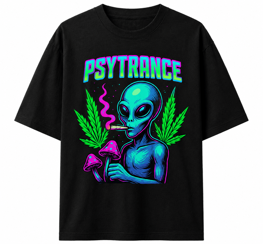 Psytrance Unisex Oversized Graphic T-Shirt With Magic Mushroom Green Blue Extraerrestrial Shaman Design Front 
