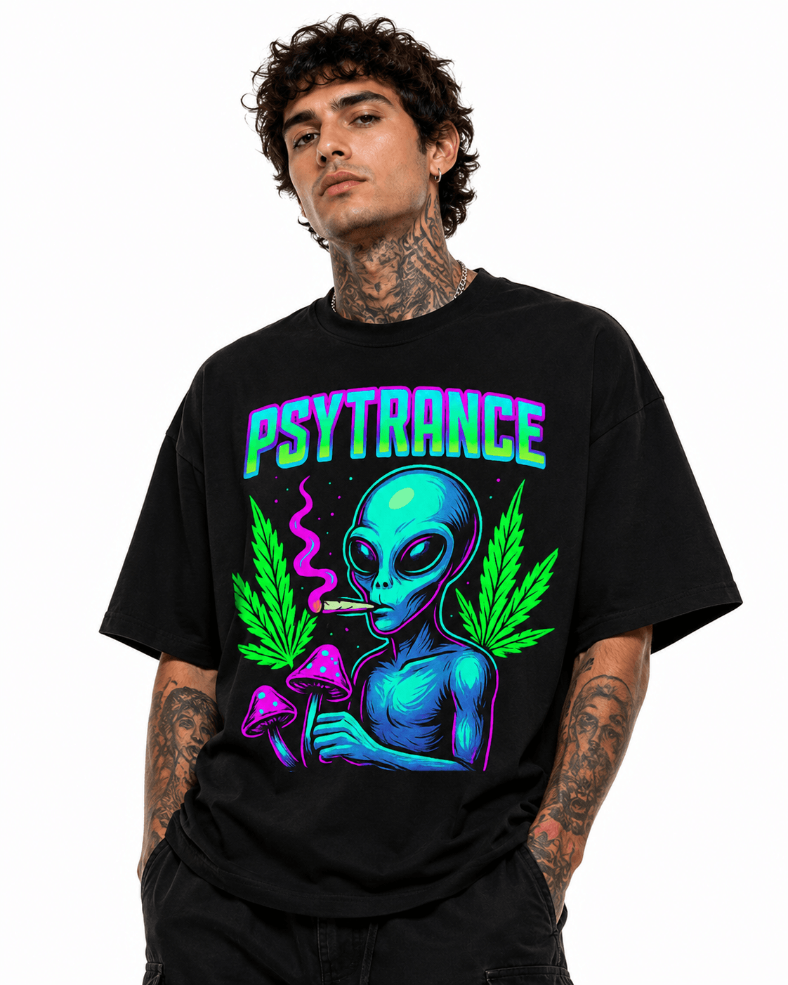 Psytrance Unisex Oversized Graphic T-Shirt With Magic Mushroom Green Blue Extraerrestrial Shaman Design Male Model