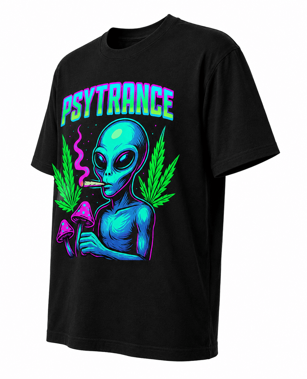 Psytrance Unisex Oversized Graphic T-Shirt With Magic Mushroom Green Blue Extraerrestrial Shaman Design Side