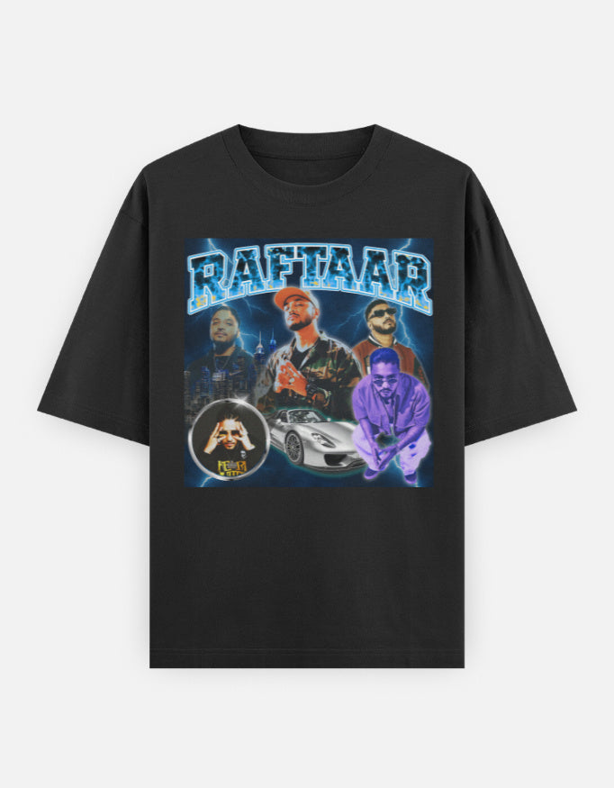 Raftaar Electric Night Drive Indian Hip Hop oversized graphic T-shirt front look with neon energy, raw fearless rap culture vibes.
