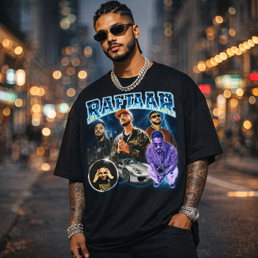 Raftaar Electric Night Drive Indian Hip Hop oversized graphic T-shirt men look with raw fearless rap culture streetwear style.
