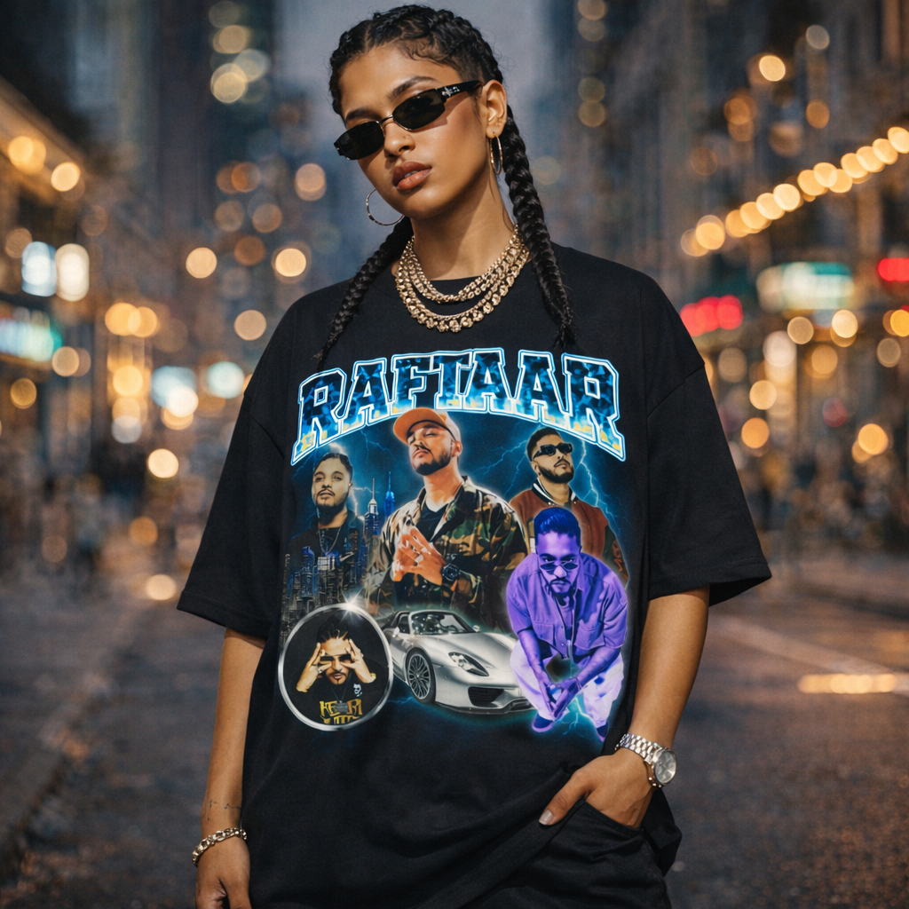 Raftaar Electric Night Drive Indian Hip Hop oversized graphic T-shirt women look with neon energy beats and street culture vibe.

