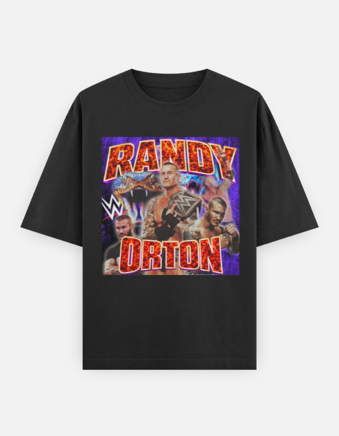 Randy Orton fiery fury viper WWE unisex oversized graphic t-shirt front with flaming glory serpents rage design.