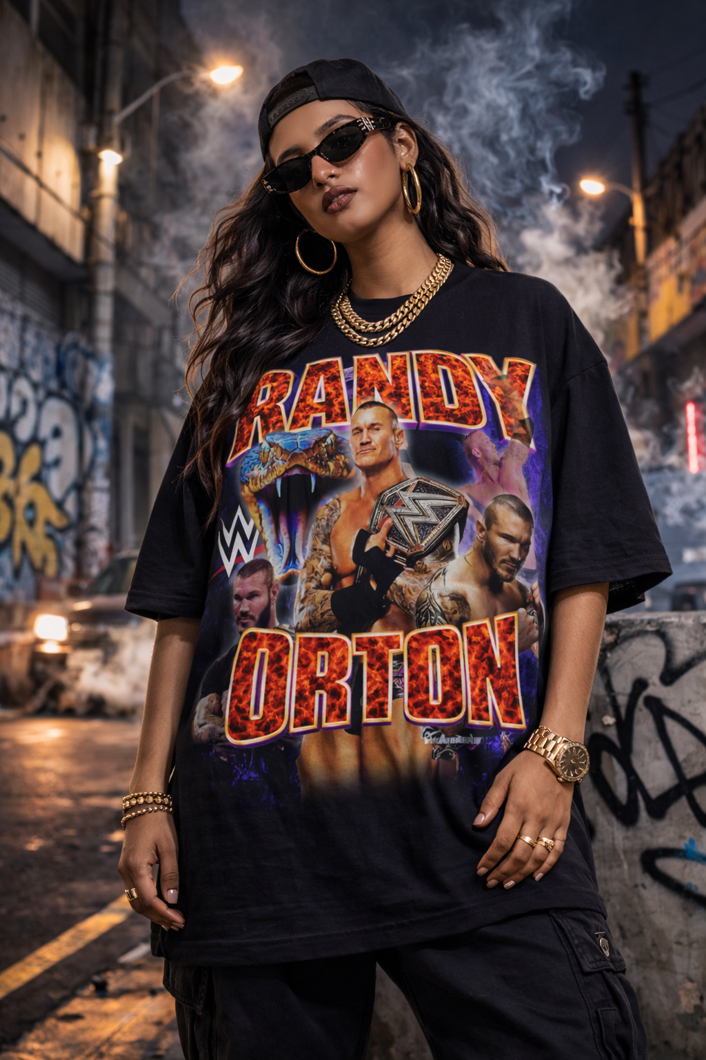 Women wearing Randy Orton fiery fury viper WWE oversized graphic t-shirt bold and rebellion style.