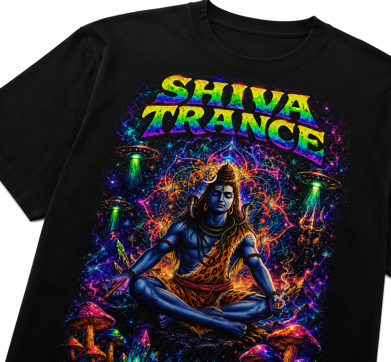Shiva Trance Unisex Oversized Graphic T-Shirt Cosmic Neon Psychedelic Meditation Design Close Up