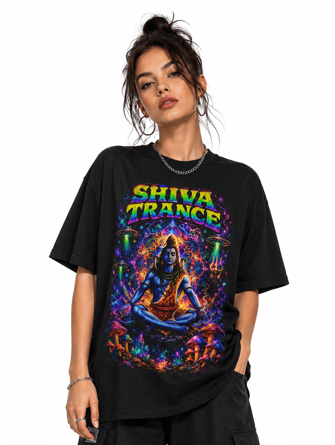 Shiva Trance Unisex Oversized Graphic T-Shirt Cosmic Neon Psychedelic Meditation Design Female Model