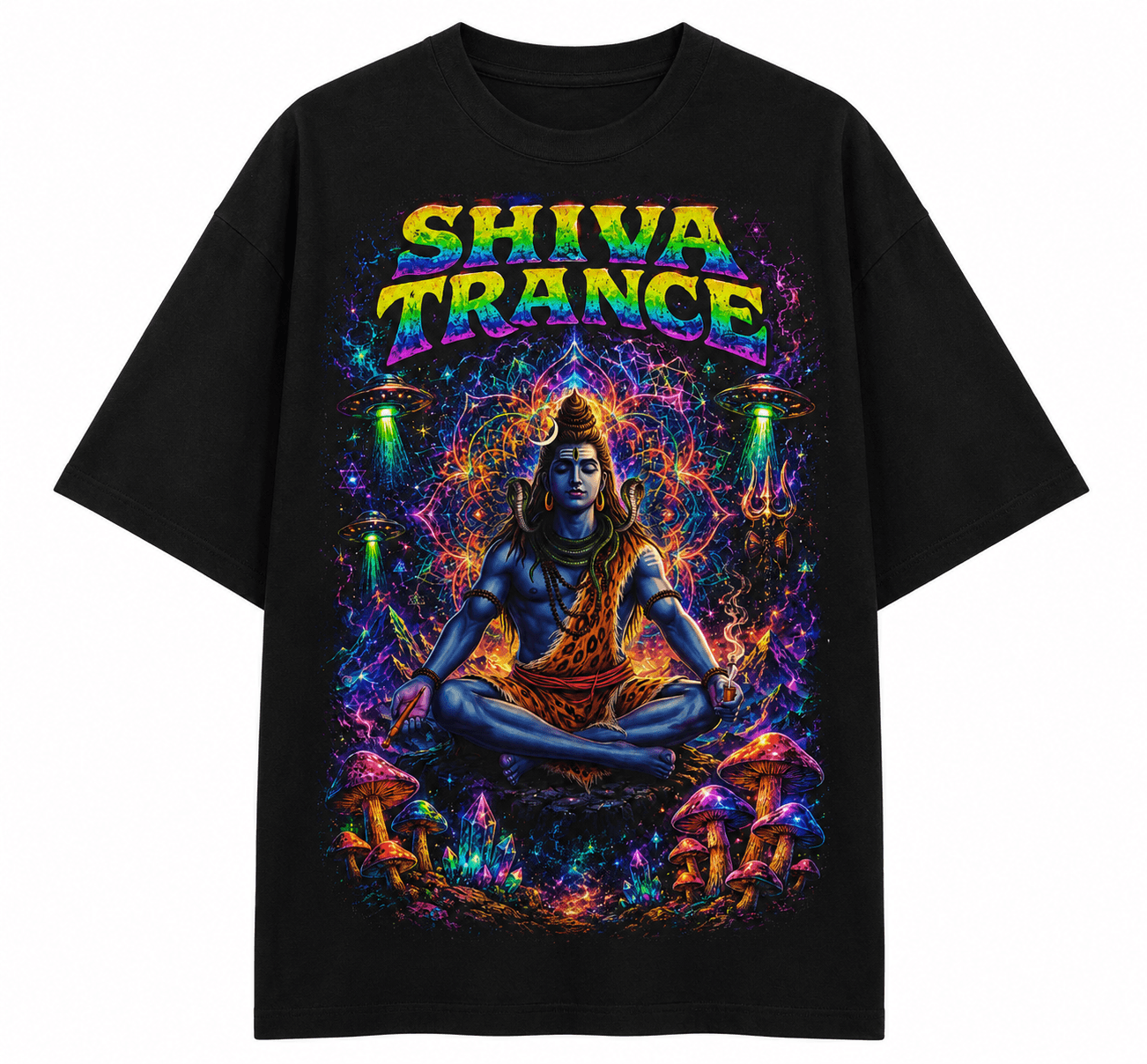 Shiva Trance Unisex Oversized Graphic T-Shirt Cosmic Neon Psychedelic Meditation Design Front