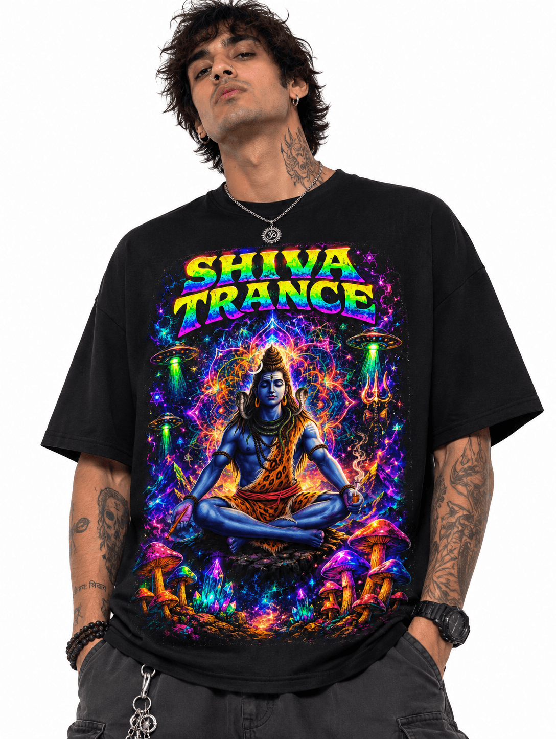 Shiva Trance Unisex Oversized Graphic T-Shirt Cosmic Neon Psychedelic Meditation Design Male Model