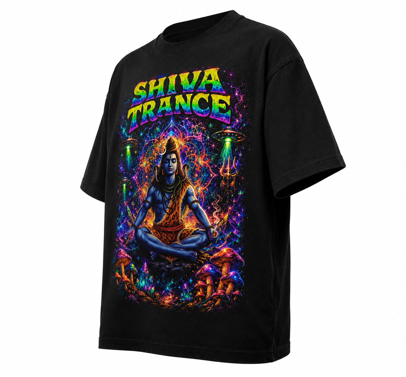 Shiva Trance Unisex Oversized Graphic T-Shirt Cosmic Neon Psychedelic Meditation Design Side