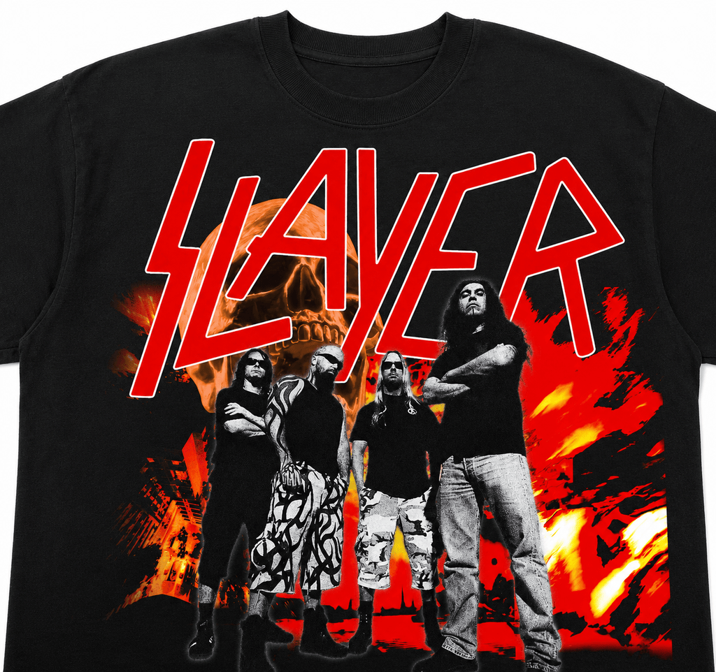 Slayer Unisex Oversized Graphic T-Shirt  With Blood Red Band Collage Chaos Design Close-Up