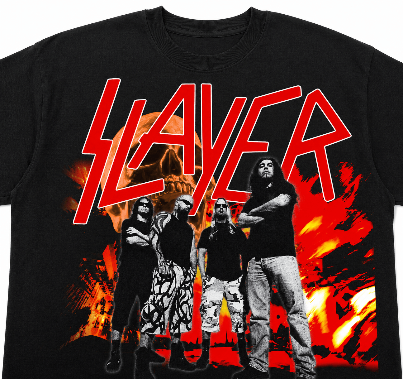 Slayer Unisex Oversized Graphic T-Shirt  With Blood Red Band Collage Chaos Design Close-Up